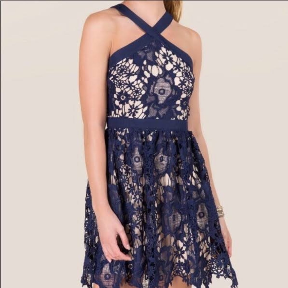 Francesca’s halter navy blue lace dress